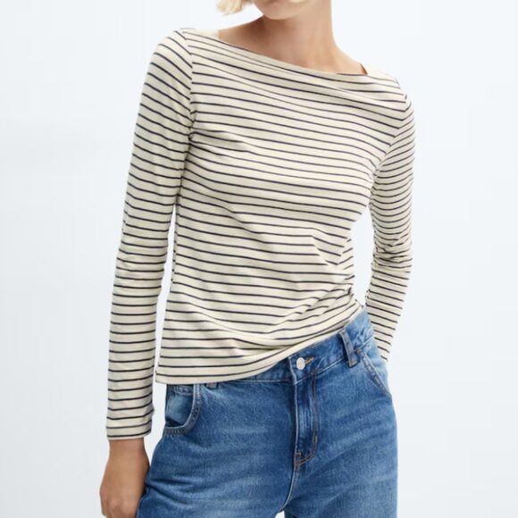 Mango Tops - Mango Boat Neck Long Sleeve Stripe Shirt